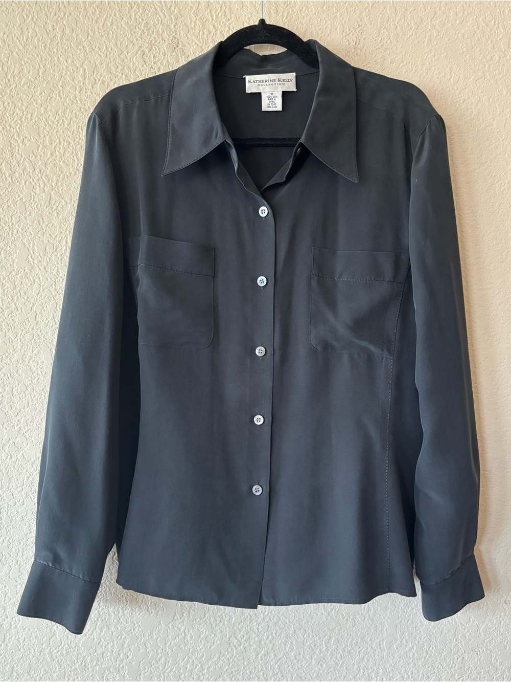 Katherine Kelly 100% Silk Button Down Shirt Women’s Size 16 Black‎ Vintage